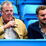 finlo clarkson - british tv presenter jeremy clarkson son, both father and son watching a game together while sitting together in the stadium