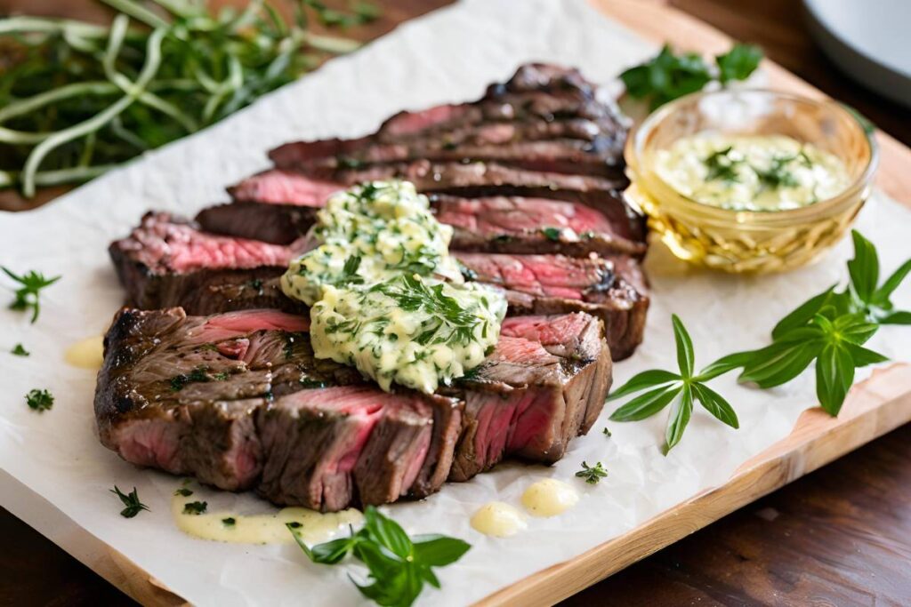 grilled bavette steak with herb butter